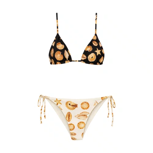 Biquini Lacinho Double Conchas Preto e Off White Farm