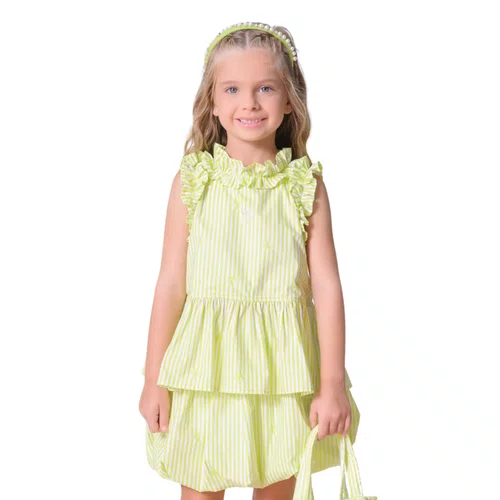 Blusa Algodão Listras Verde Babados Pituchinhus