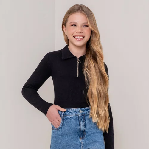 Blusa Canelada Gola e Ziper Preto Vanilla
