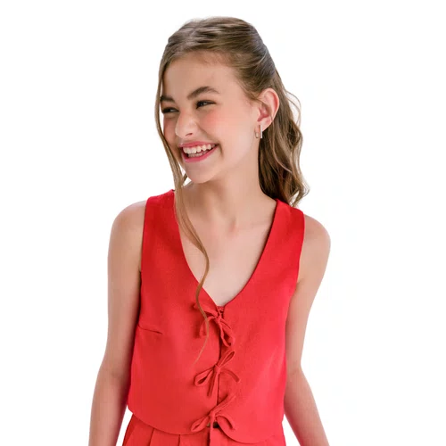 Blusa Colete Linho Vermelho Lacinhos Vanilla