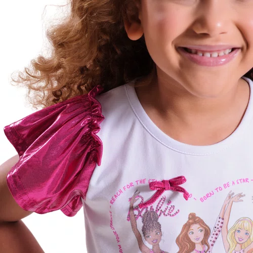 Blusa Cotton Coração Mangas Shine Barbie Pituchinhus