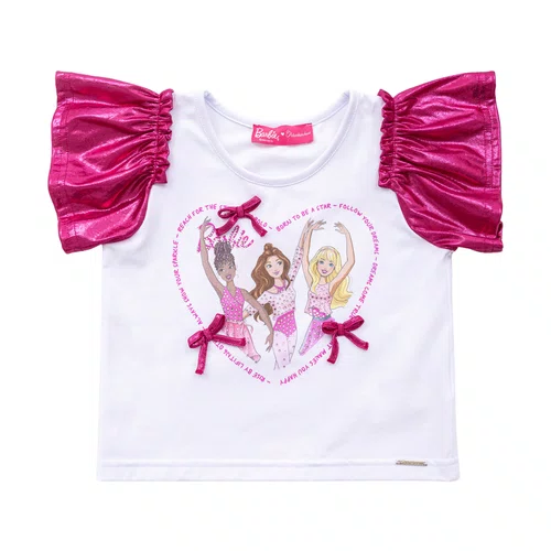 Blusa Cotton Coração Mangas Shine Barbie Pituchinhus