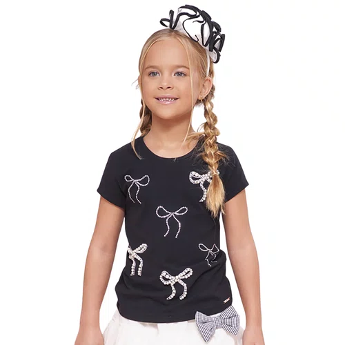 Blusa Cotton Multi Laços Cristais e Bordados Preto Pituchinhus