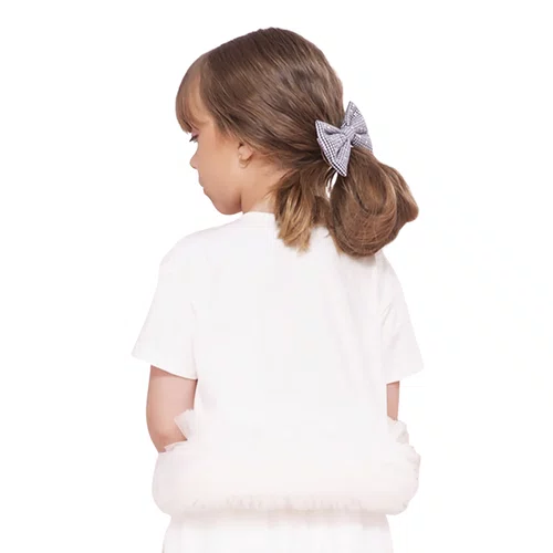 Blusa Cotton Ursinha Barra Tule Off White Pituchinhus