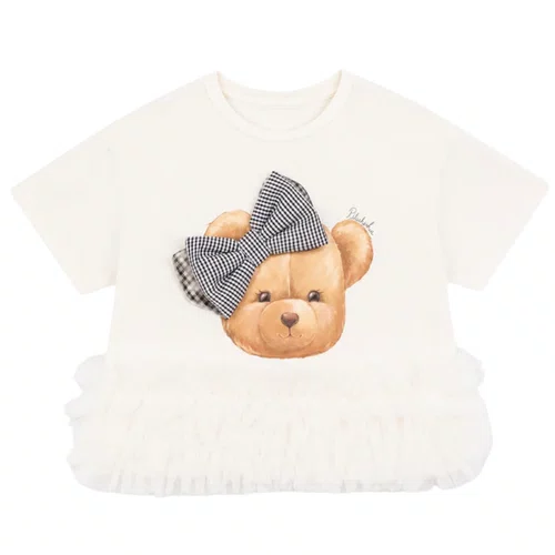 Blusa Cotton Ursinha Barra Tule Off White Pituchinhus