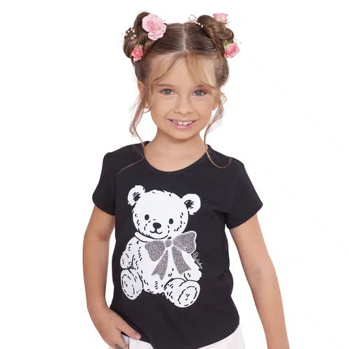 Blusa Cotton Ursinha Laço Cristais Preto Pituchinhus