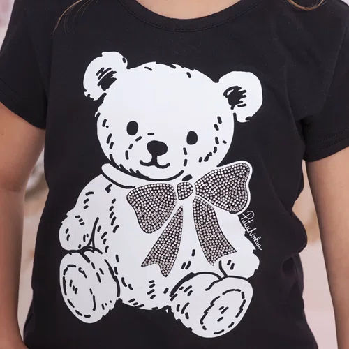 Blusa Cotton Ursinha Laço Cristais Preto Pituchinhus