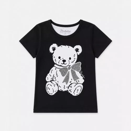 Blusa Cotton Ursinha Laço Cristais Preto Pituchinhus