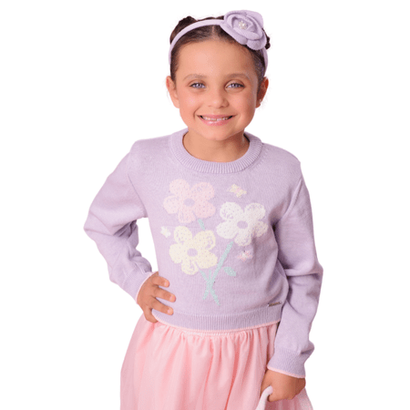 Blusa Cropped Tricot Flores Cristais Lilas Pituchinhus