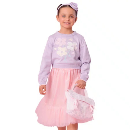 Blusa Cropped Tricot Flores Cristais Lilas Pituchinhus