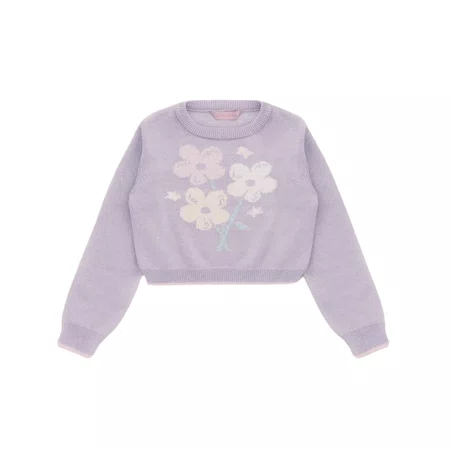 Blusa Cropped Tricot Flores Cristais Lilas Pituchinhus