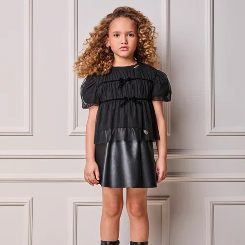 Blusa Infantil Menina Tule Pregas Preto Anime
