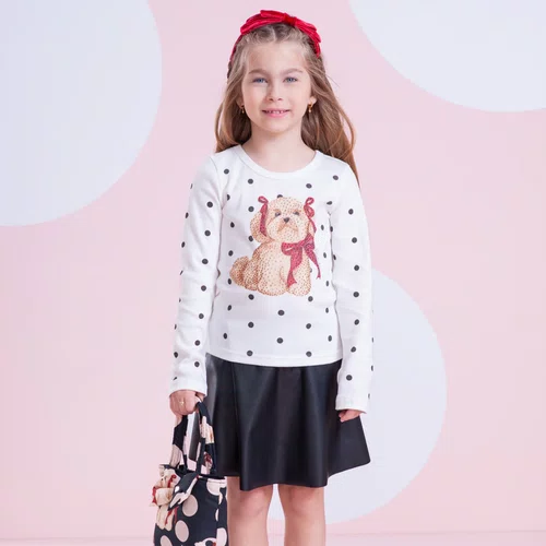 Blusa Ribana Poá e Cachorro Off White Pituchinhus
