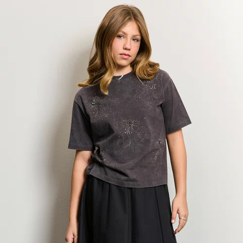 Blusa T Shirt Laço Pedraria Grafite Authoria