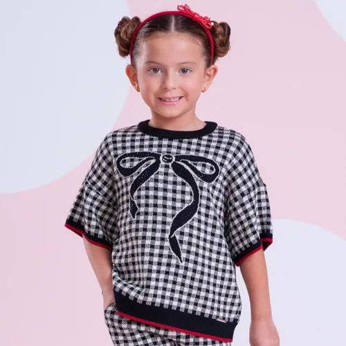 Blusa Tricot Ampla Xadrez Laço Cristal Preto Pituchinhus