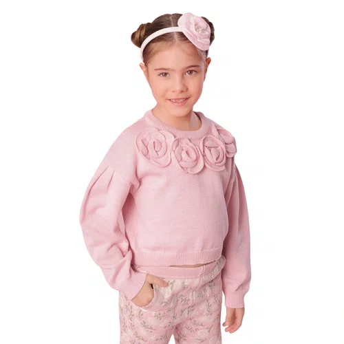 Blusa Tricot Cropped Flores Rose Pituchinhus