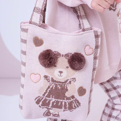 Bolsa Tricot Ursinha Xadrez PomPom Pituchinhus