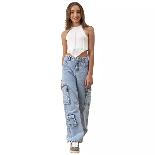 Calça Jeans Wide Cargo Clara Vanilla Cream