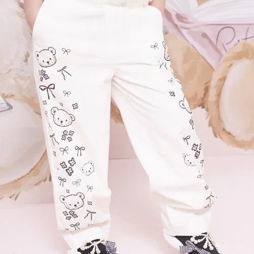 Calça Sarja Baggy Ursinhos e Laços Off White Pituchinhus
