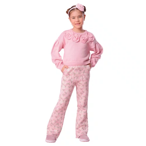 Calça Tricot Flare Floral Rose Pituchinhus