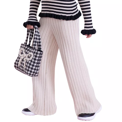 Calça Tricot Reta Maxi Canelado Bege Pituchinhus