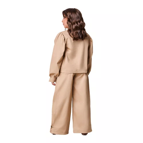 Calça Wide Sarja Com Pregas Bege Escuro Anime