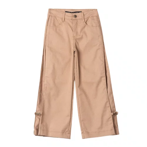 Calça Wide Sarja Com Pregas Bege Escuro Anime