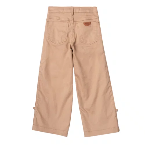 Calça Wide Sarja Com Pregas Bege Escuro Anime