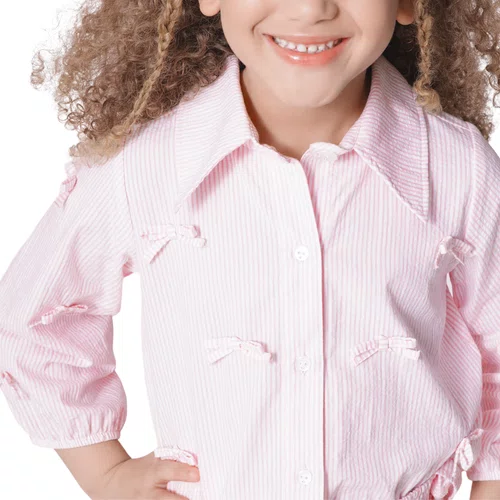 Camisa Algodão Listrada Mini Lacinhos Rosa Pituchinhus