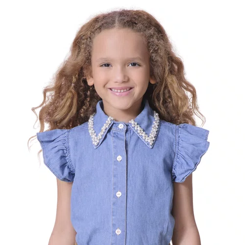 Camisa Jeans Fino Gola Bordado Pituchinhus