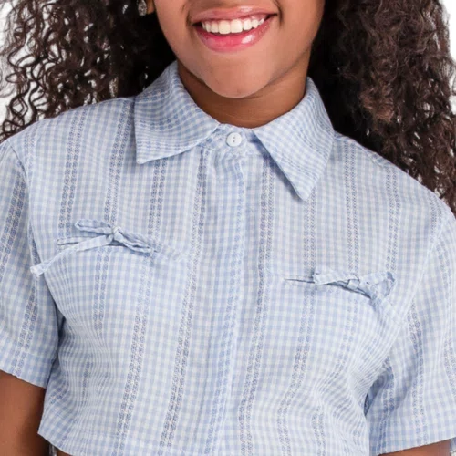 Camisa Leve Vichy Azul Claro Lacinho Vanilla Cream