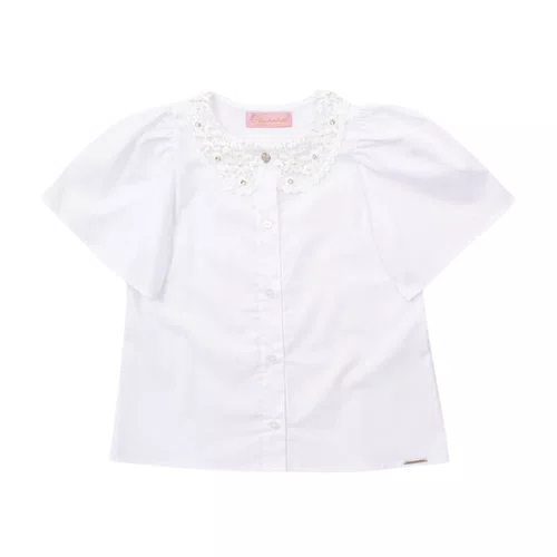 Camisa Tricoline Gola Renda Bordada Branco Pituchinhus