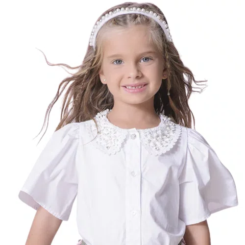 Camisa Tricoline Gola Renda Bordada Branco Pituchinhus