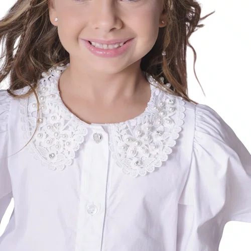 Camisa Tricoline Gola Renda Bordada Branco Pituchinhus
