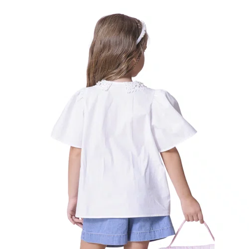 Camisa Tricoline Gola Renda Bordada Branco Pituchinhus