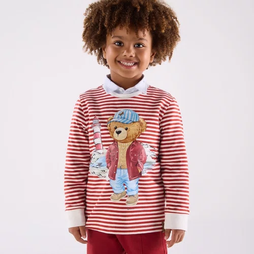 Camiseta Infantil Algodão Listrada Navy Teddy Farol Dame