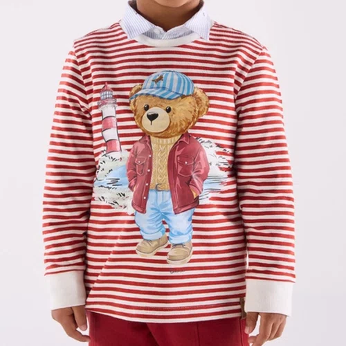 Camiseta Infantil Algodão Listrada Navy Teddy Farol Dame