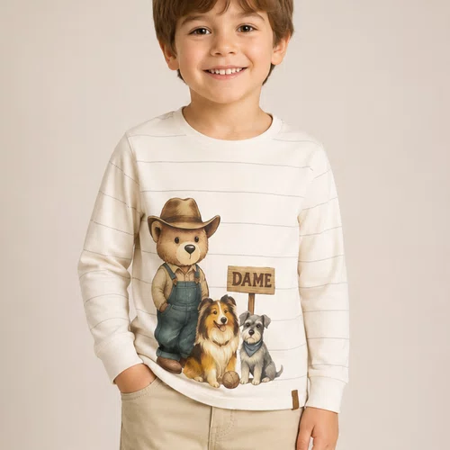 Camiseta Infantil Algodão Pima Listrada Teddy Cães Dame