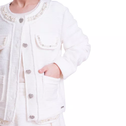 Casaco Boucle Lapelas e Decote Bordado Off White Pituchinhus