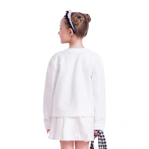 Casaco Boucle Lapelas e Decote Bordado Off White Pituchinhus