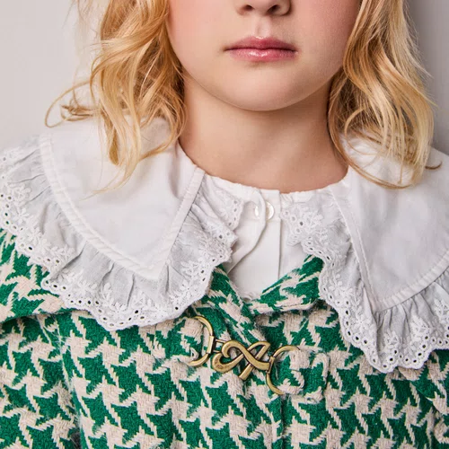 Casaco de Tweed Maxi Gola Xadrez Verde e Bege Anime