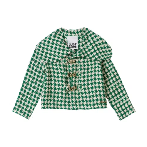 Casaco de Tweed Maxi Gola Xadrez Verde e Bege Anime