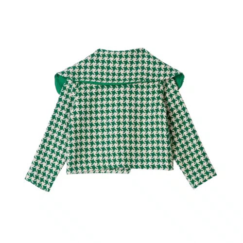 Casaco de Tweed Maxi Gola Xadrez Verde e Bege Anime
