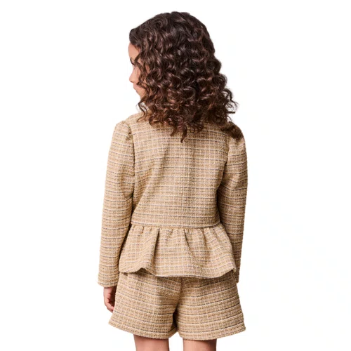 Casaco de Tweed Peplum Xadrez Caramelo e Bege Anime
