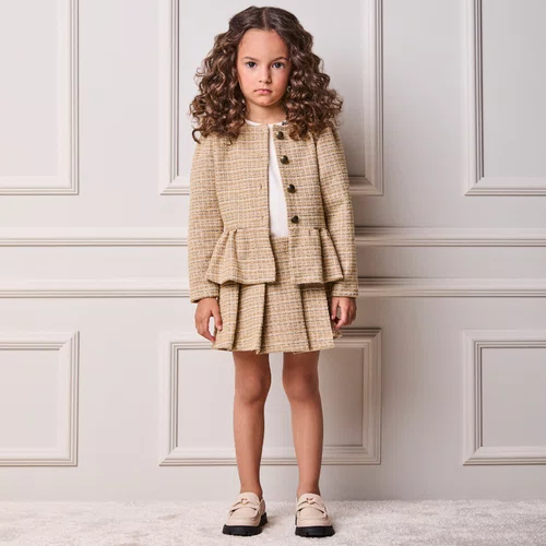 Casaco de Tweed Peplum Xadrez Caramelo e Bege Anime