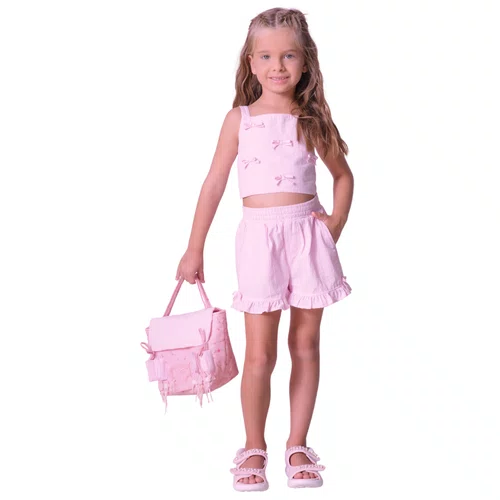 Conjunto Cropped e Short Tricoline Xadrez Lacinhos Rosa Pituchinhus
