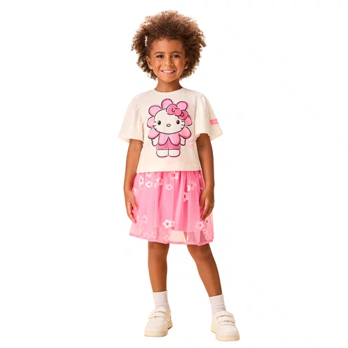 Conjunto Hello Kitty Saia Tule Bordado Flores Rosa Neon Momi