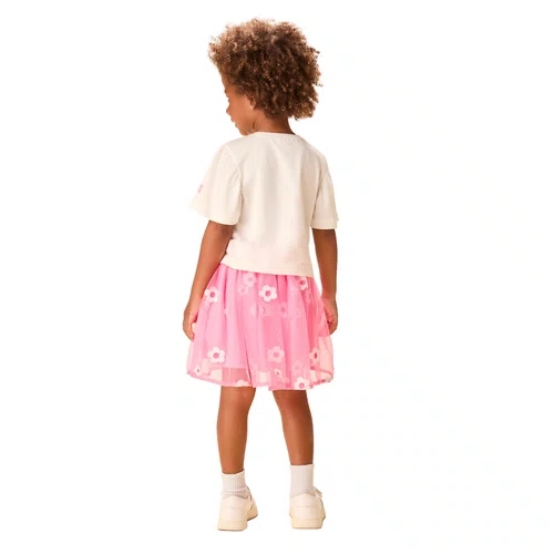 Conjunto Hello Kitty Saia Tule Bordado Flores Rosa Neon Momi