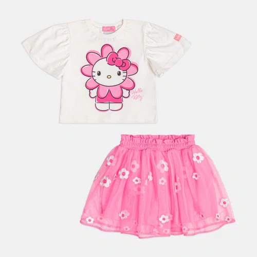 Conjunto Hello Kitty Saia Tule Bordado Flores Rosa Neon Momi