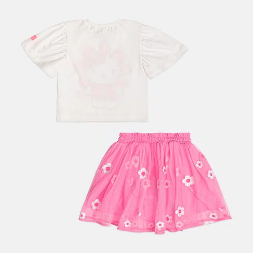 Conjunto Hello Kitty Saia Tule Bordado Flores Rosa Neon Momi